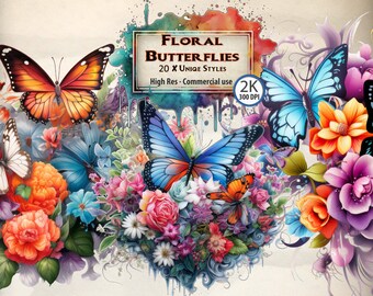 Butterfly Clipart Floral Butterflies Flower Illustrations Blossoming Summer Themed Nature Graphics Vibrant Paradise Flower Motifs