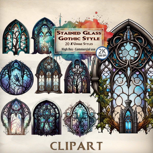 Vitrail Clipart gothique mosaïque motifs magique Unique vitrail église Windows Clipart Bundle usage Commercial fichier PNG Transparent