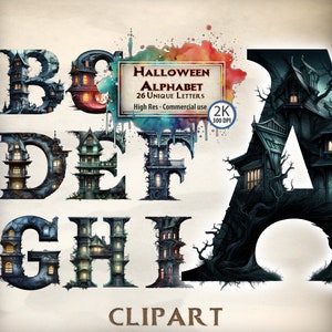 Iniciales iluminadas de Halloween Clipart Bundle Alfabeto gótico inglés completo Ilustración de terror Novela de fantasía Clipart Halloween PNG Archivo