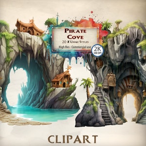 Pirate Cove Clipart: Caribbean Sea Cave Illustrations (PNG Files)