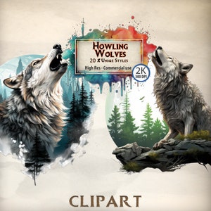 Wolf clipart huilende wolf met volle maan graphics dierlijke clipart witte wolven in bos illustraties voor commercieel gebruik PNG transparant