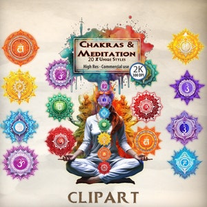 Chakras Clipart Meditación Símbolos de chakra Gráficos Posición de loto 3er ojo Corona Corazón Raíz Sacro Plexo solar Raíz Símbolos de garganta