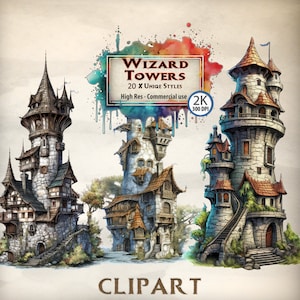 Wizard Tower Clipart castillo edificio clipart paquete estilizado Arte princesa malvada cuento de hadas ilustración fantasía medieval mundo Transparente