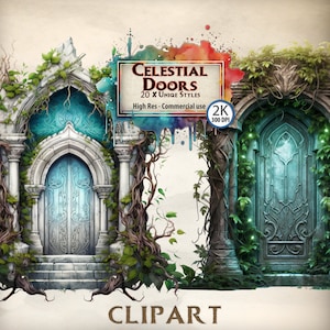 Celestial Clipart Fantasy Door Graphics Heaven Gateway Ethereal Doorway Entrée astrale Conte de fées Envahi par la végétation Illustrations d'entrée de lierre