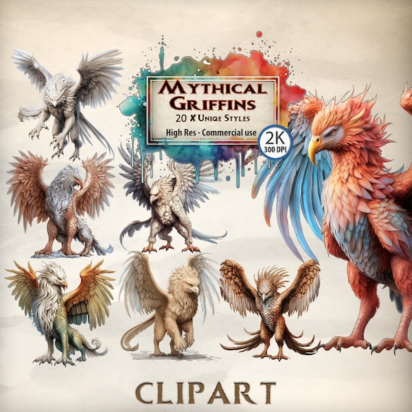 Griffin Clipart Mythical Creatures Clipart Bundle Magical Fantasy Fairytale Gryphon Paper Craft PNG Transparent Book Junk Journal