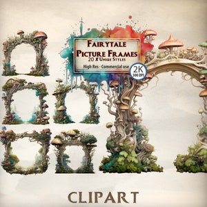 Betoverende sprookjesfotolijsten Clipart Fantasy Frames PNG Graphics Nature Mushroom Borders voor kaarten & artistieke illustraties