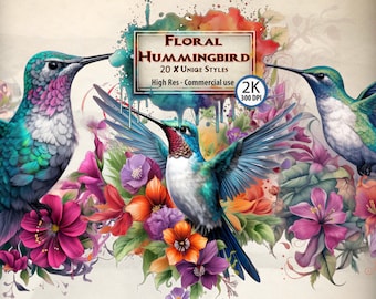 May include: Floral hummingbird clipart featuring three hummingbirds with vibrant blue, green, and white feathers. The hummingbirds are surrounded by colorful flowers in shades of pink, purple, orange, and yellow. The text "Floral Hummingbird 20 x Unique Styles High Res - Commercial use 2K 300 DPI CLIPART" is displayed on the image.