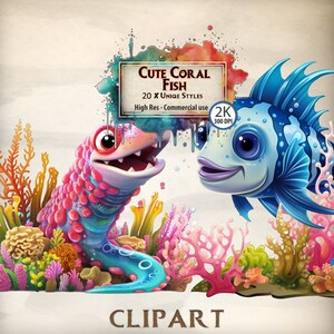Fish Clipart Children's Sea Creature Graphics Cute Fish Ocean Montessori Card Illustrations Cartoon Coral Sea Life PNG Transparent Files