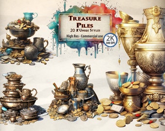 Paquete de imágenes de tesoros: oro, monedas y tesoros piratas (archivos PNG)