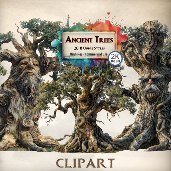 Ancient Trees with Faces Clipart Bundle: Mythical Tree Illustrations for Fantasy Art, Storytelling, and Nature-Themed Decor