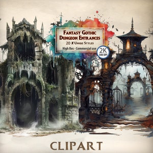 Fantasy Gothic Dungeon Zugänge Clipart Bundle: Mystische Türen Illustrationen für RPG Maps, Dark Fantasy Projekte und Game Design
