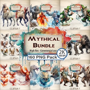 Créatures mythiques Clipart Massive Bundle Centaure Elementals Leprechaun Griffin Loups-garous Phoenix Sea Krakens Démons Monstres Graphiques PNG
