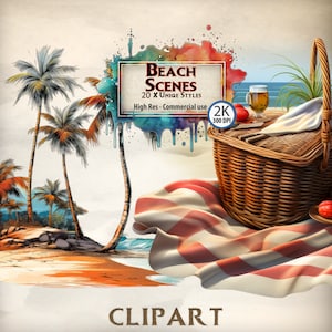 Clipart de playa Gráficos de paisajes de playa Castillo de arena Cesto de marea del océano Palmeras Conchas de mar Tumbona Gaviota Tabla de surf Ilustraciones