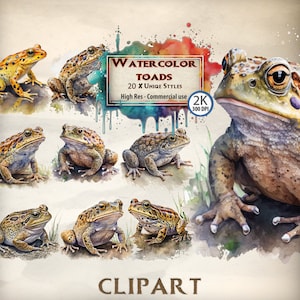 May include: Watercolour clipart of 20 unique toad illustrations in various poses. The toads are painted in realistic detail with vibrant colours and textures. The clipart is perfect for digital scrapbooking, card making, and other creative projects.