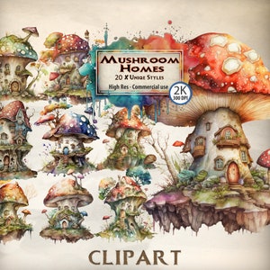 Aquarell ClipArt| Fantasy Pilz Häuser | Clipart-Bundle |kommerzielle Nutzung | PNG-Format| Sofort Download | Zauberpilz| Geheimtür