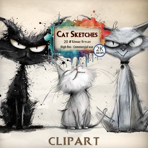 Pacchetto clipart Cat Sketches: illustrazioni artistiche di felini per progetti creativi, decorazioni per la casa e collezioni d'arte di animali - Download digitale