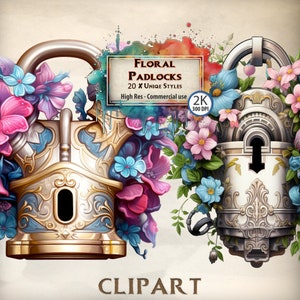 Tarjeta de imágenes prediseñadas de candado floral para sus flores y candados Elementos de diseño gráfico Borde de flores Guirnalda Bolsa Símbolo Ilustraciones estilizadas vibrantes