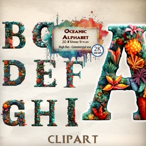 beleuchtete Initialen Clipart Ocean Style Grafiken Englisches Alphabet Schriftarten Dekorative Karten Romanschrift Buchstaben Typografie Illustrationen