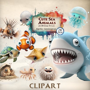 Under the sea clipart cute sea animals clipart bundle cute fish baby jellyfish shark turtle ocean children tide pool animal clipart PNG