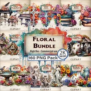 Blumen Clipart Massive Blumenbündel Grafik Pack Klaviere Kreuz Bücher Vogelhaus Wunschbrunnen Vogelbad Engel Statuen Teekannen Floristik PNG