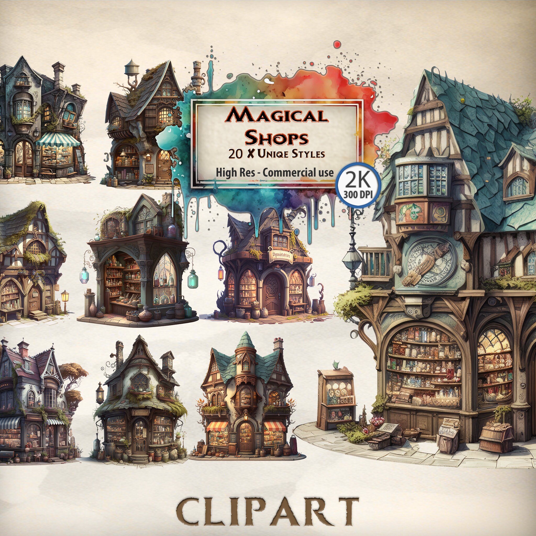 Watercolor Magic Shop Clipart: Vintage Fantasy Store (PNG Digital ...