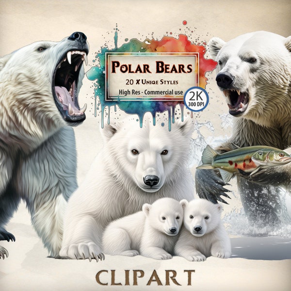 Polar Bear Clipart Wild White Bear Graphics Polar Bear Pups Catching Fish Polar Bear Swimming PNG Natural World Animal Clipart Commercial