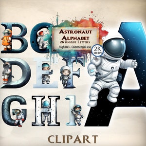 Imágenes Prediseñadas de letras de astronauta, gráficos del alfabeto iluminado, fuentes para niños, alfabeto inglés, astronautas espaciales, letras elegantes PNG, imágenes prediseñadas de dibujos animados