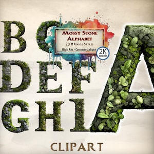 beleuchtete Initialen Clipart Stone & Moss Stil Grafiken Englisches Alphabet Schriften Dekorative Karten Roman Buchstaben Typografie Illustrationen