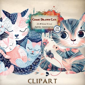 Pacchetto clipart Gatti disegnati a fumetti: illustrazioni feline umoristiche ed espressive per progetti creativi, biglietti d'auguri e arte digitale