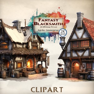 Clipart de herrero Fantasy Blacksmith Shop Clipart Bundle Forge house yunque Herramientas Suministros Artesano Libro PNG Transparente