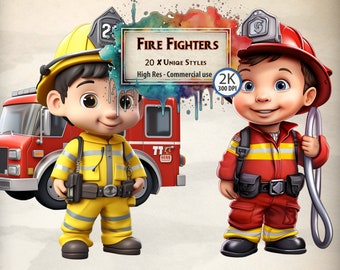 Firemen Clipart: Children&#39;s Firefighters, Fire Truck (PNG Files)