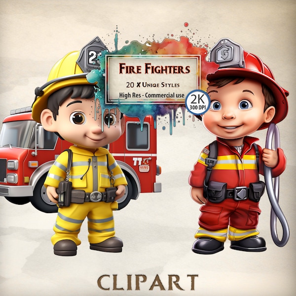 Pompiers Clipart enfants pompiers graphiques Kids Party feu hommes et filles personnage Illustrations camion de pompiers Clipart Bundle fichiers PNG