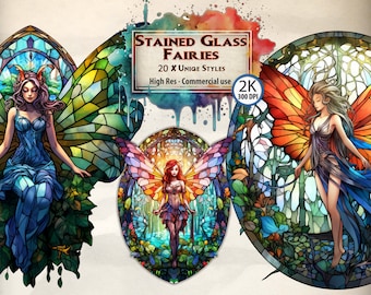 Stained Glass Fairies Clipart: Ethereal Fairyland PNG (Digital Download)