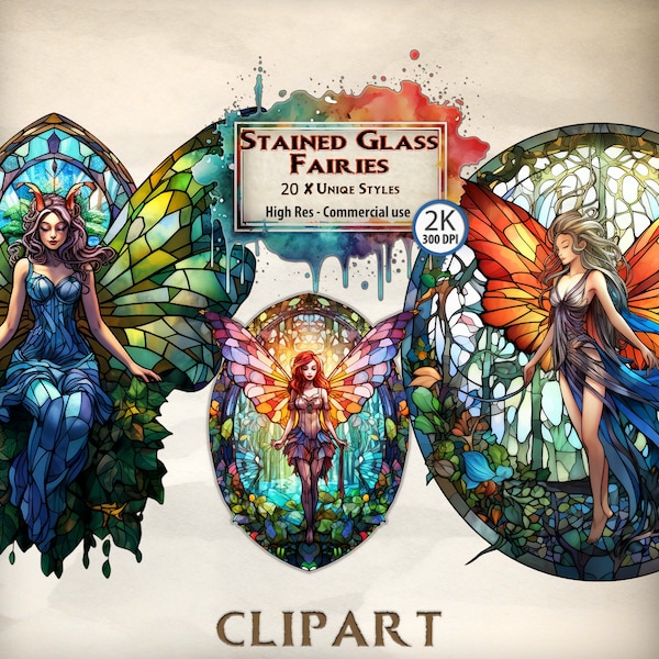 Stained Glass Fairies Clipart Fantasy Fairy Glass  Fairyland wings ethereal gothic style sparkling enchanted glass novel illustrations