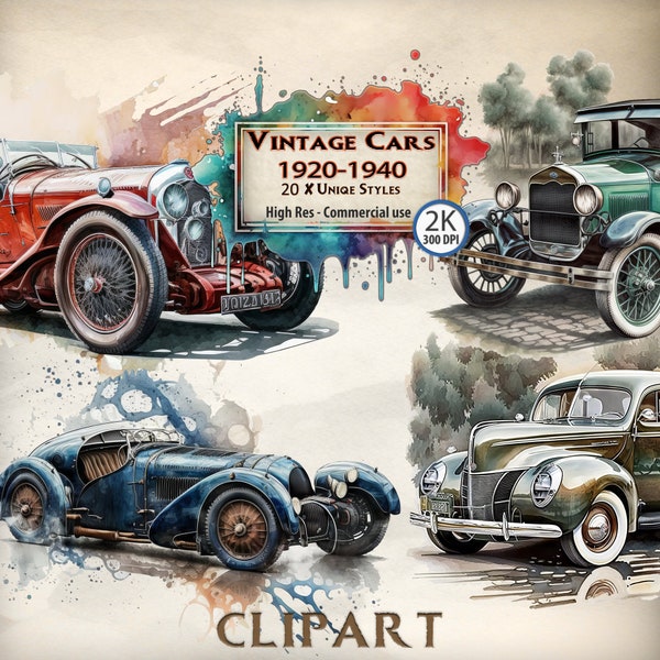 Clipart auto d'epoca dell'acquerello, auto d'epoca anni '40 Clipart Bundle 20s Classic Car png auto d'epoca anni '30 auto retrò vecchio stile amanti delle auto d'epoca