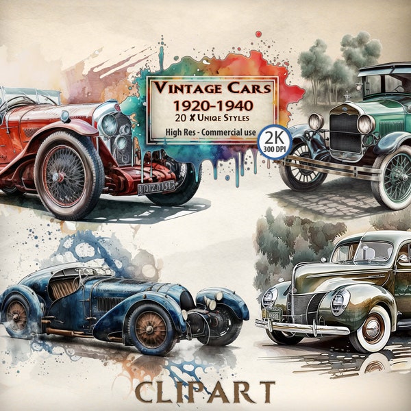 Aquarell Oldtimer Clipart, 40er Jahre Oldtimer Clipart Bundle 20er Jahre Oldtimer png Oldtimer 1930er Jahre retro Auto old Fashioned old Cars Liebhaber