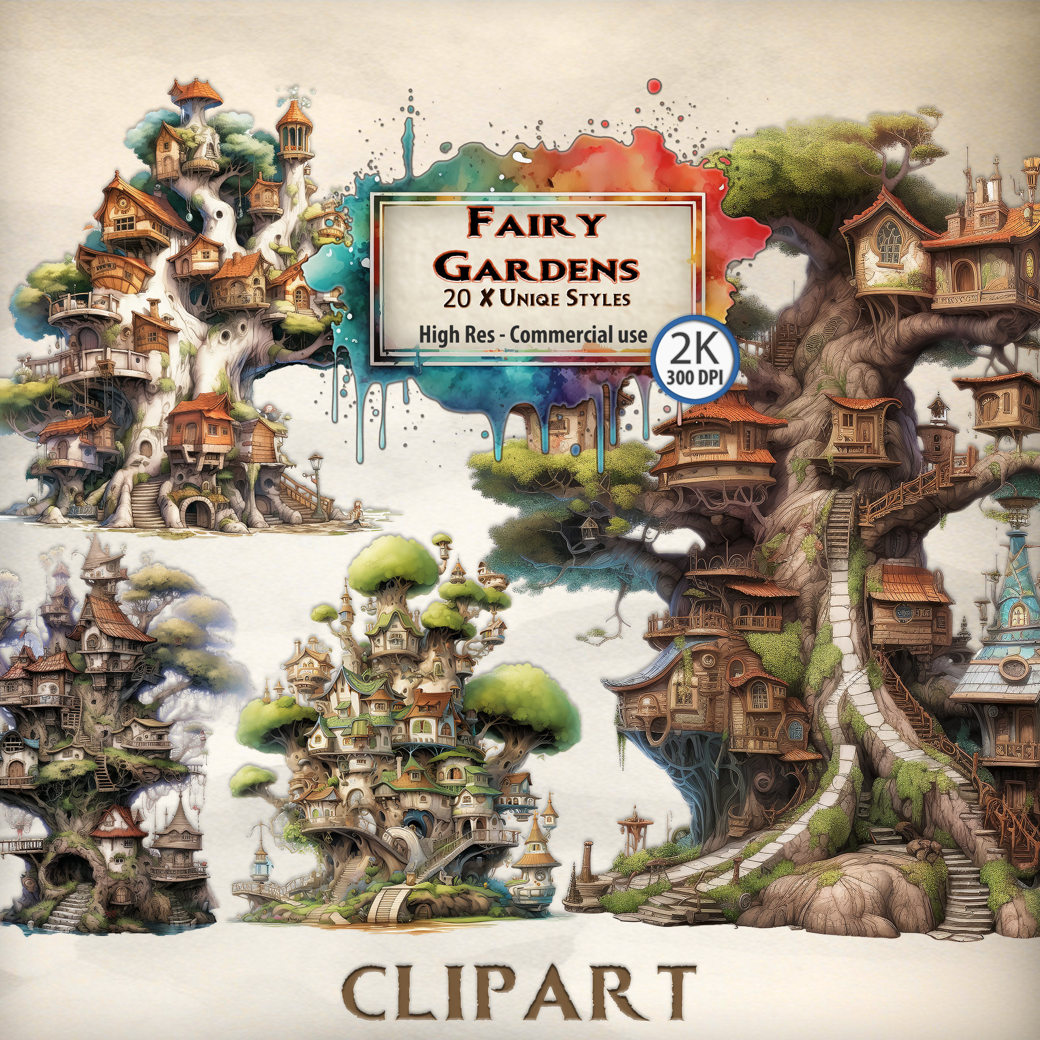 Fairy Garden Clipart Bundle: Watercolor Fantasy Village (PNG) - Etsy