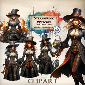 Steampunk Witch Clipart Black Witches Steam Engine Mechanical Halloween Themed Graphics Vintage Victorian Dressed Woman
