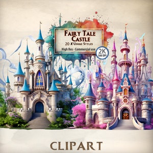 Castle Clipart Children's Fairy Tale Castle Graphics Kids Classic Cartoon Style Ball Vintage style Book Castles and Towers PNG Images