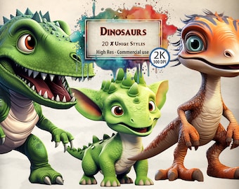 Dinosaur Clipart Children's Dino Party Kids Themed Cartoon T-Rex & Raptor Jurassic Graphics Dinosaur Character Illustrations Clipart Bundle