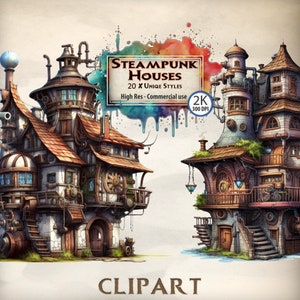 Steampunk House Clipart Bundle taberna arte estilizado novela escritura edificios diario chatarra reserva de chatarra uso comercial PNG transparente