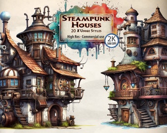 Steampunk House Clipart Bundle tavern art stylized novel writing buildings junk journal scrap booking commercial use PNG transparent