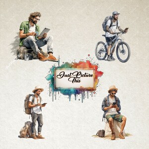 May include: Four men wearing casual clothing and hats are pictured in a watercolor-style illustration. The men are standing and sitting in various poses. The text "Just Picture This" is written in a white box with a black border. The background is a light beige color.