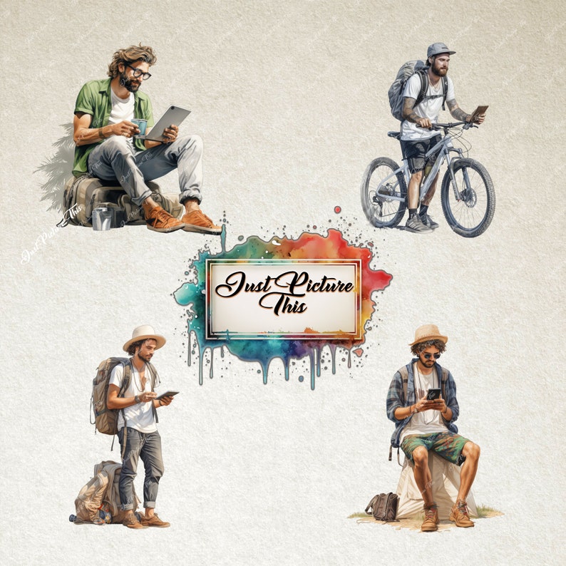 May include: Four men wearing casual clothing and hats are pictured in a watercolor-style illustration. The men are standing and sitting in various poses. The text "Just Picture This" is written in a white box with a black border. The background is a light beige color.