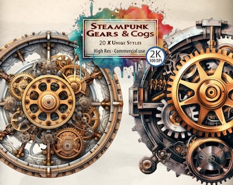 Steampunk Clipart gears & cogs Clipart Bundle cogwheel graphics vintage retro mechanical illustrations industrial machinery steam powered