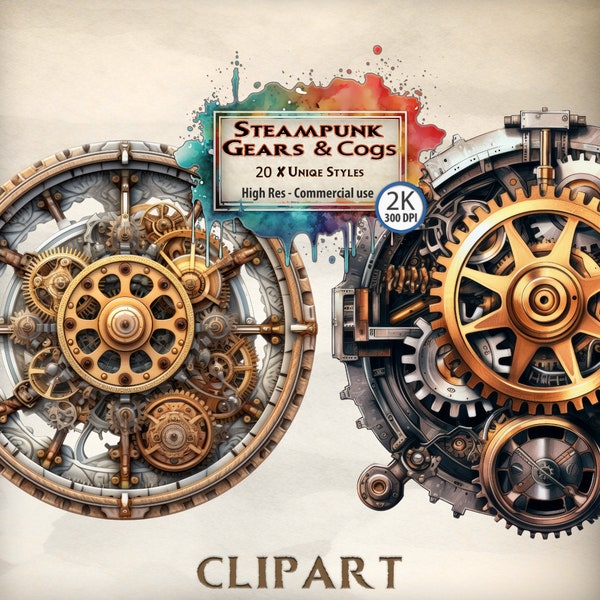 Steampunk Clipart gears & cogs Clipart Bundle cogwheel graphics vintage retro mechanical illustrations industrial machinery steam powered