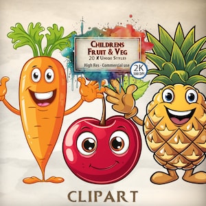 Lot de cliparts fruits et légumes pour enfants : illustrations mignonnes et colorées pour projets éducatifs, thèmes de l'alimentation saine et travaux manuels