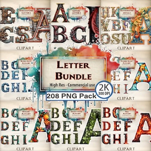 Pacchetto di lettere Clipart Pacchetto di caratteri alfabetico massiccio illuminato Steampunk Fantasia gotica Art nouveau Vetro colorato di fantascienza Mare Corallo Fuoco Muschio
