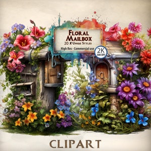 Cassetta postale Clipart Cassetta postale in stile americano Graphic Design Modello di cassetta postale floreale con fiori selvatici Prato Fiori Grafica PNG