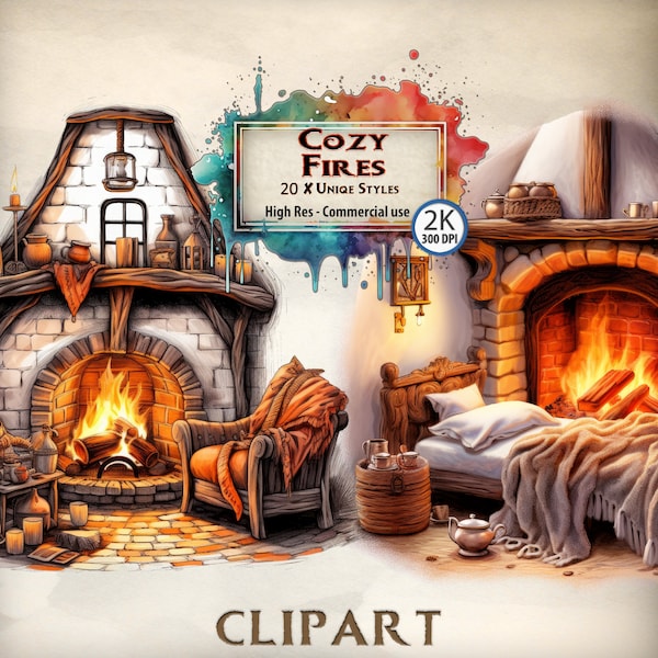 Cozy Clipart Fire Hearth warm fireplace indoor home scenes winter illustration PNG Transparent Commercial use